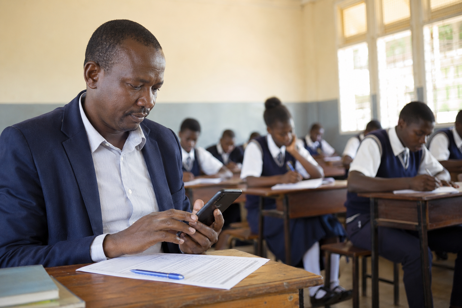 Teacher using a mobile device while managing a classroom